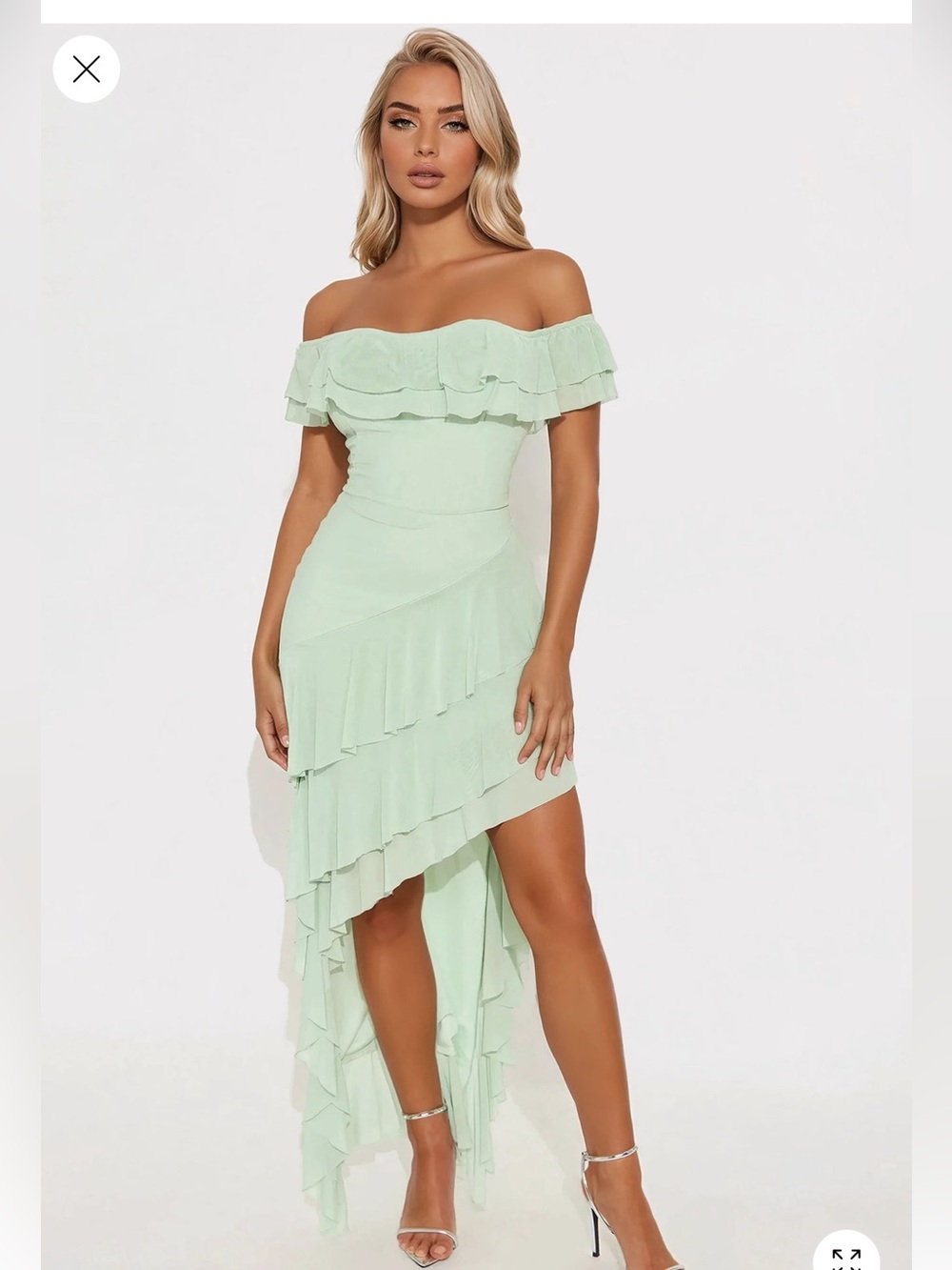 Off-Shoulder Mint Green Ruffled High-Low Dress